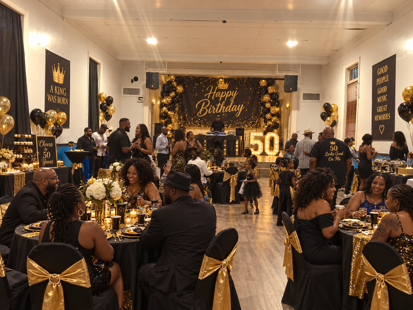 The Casso hall set for an elegant evening reception with candlelight and florals